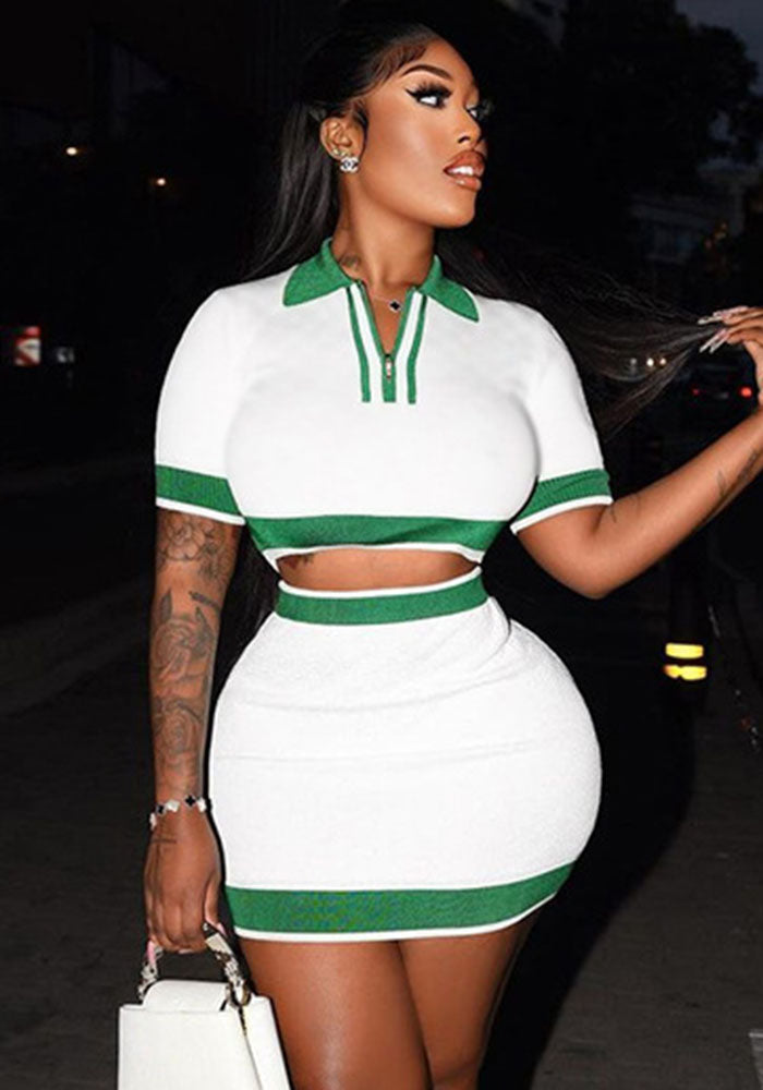 Women spring knitting Turndown Collar zipper sexy Crop Top and Bodycon Skirt two-piece set