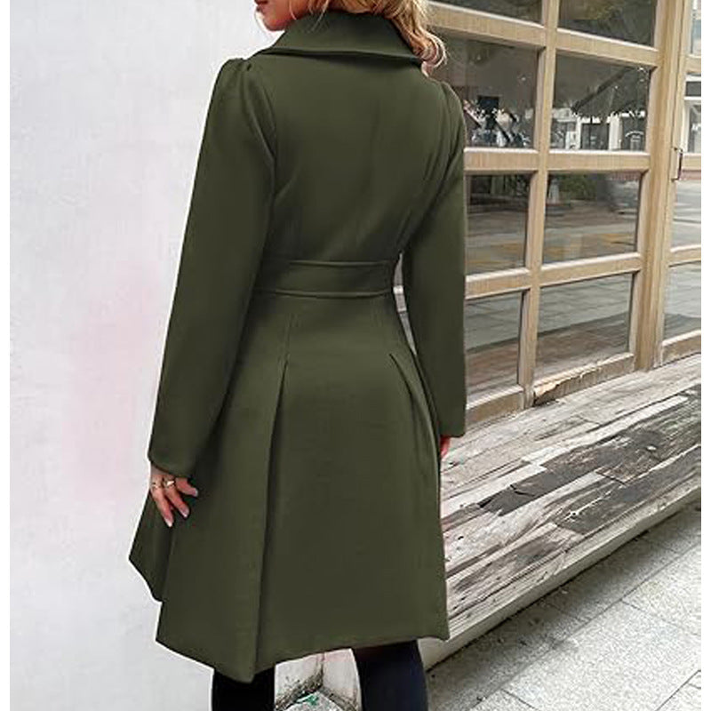 Women Fall and Winter Turndown Collar Double-Breasted Pocket Windbreaker 61