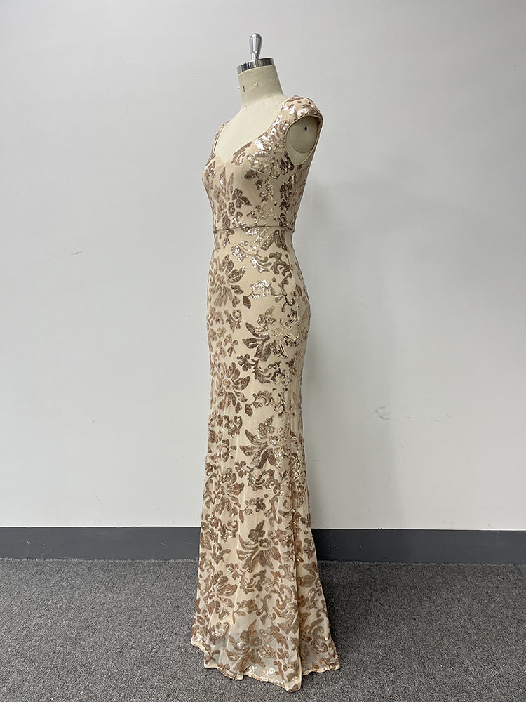 Women Square Neck Mermaid Rose Gold Pattern Sequin Sleeveless Party Evening Dress 10