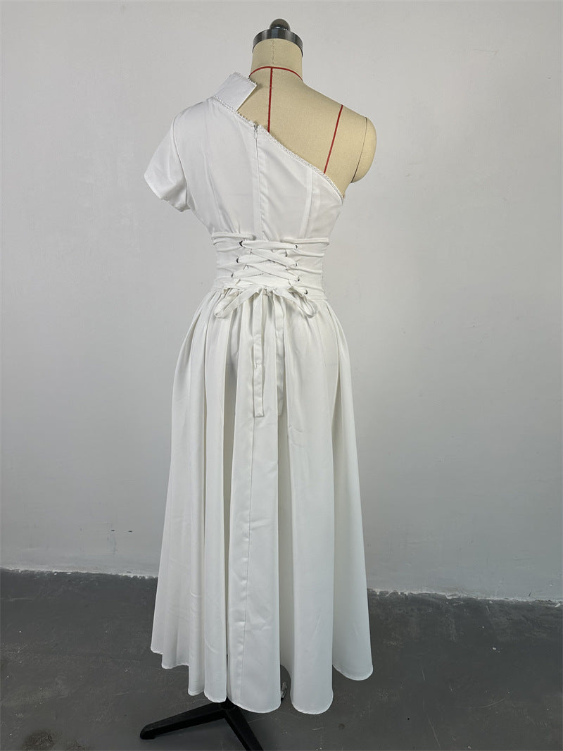 Women African Autumn and Winter Solid Slash Shoulder Short Sleeve Maxi Dress 17