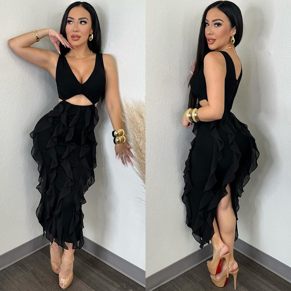 Women Sexy V-Neck Sleeveless Solid Ruffle Slit Dress 7