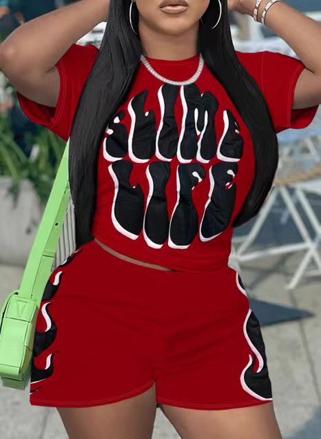Women Casual Trendy Printed Short Sleeve Top and Shorts Two-Piece Set