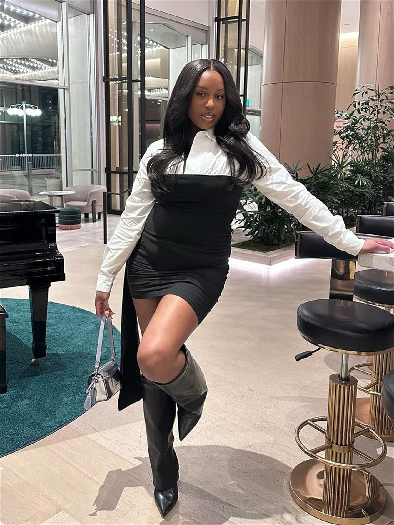 Autumn Fashion Sexy Chic Contrast Color Patchwork Turndown Collar Women Dress 4