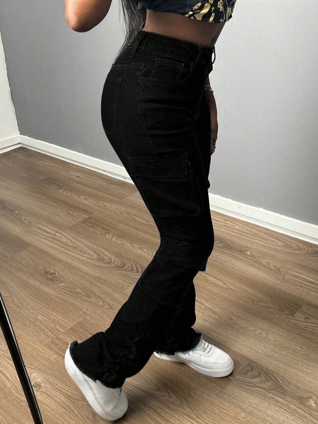 Women Pocket Stretchy Pleated Trousers Denim Trousers 4