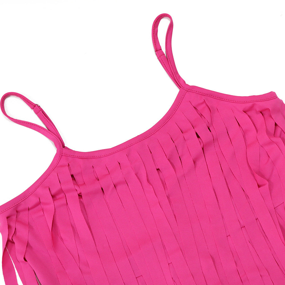 Women Summer Fashionable Strap Solid Color Tassel Slim Jumpsuit 9