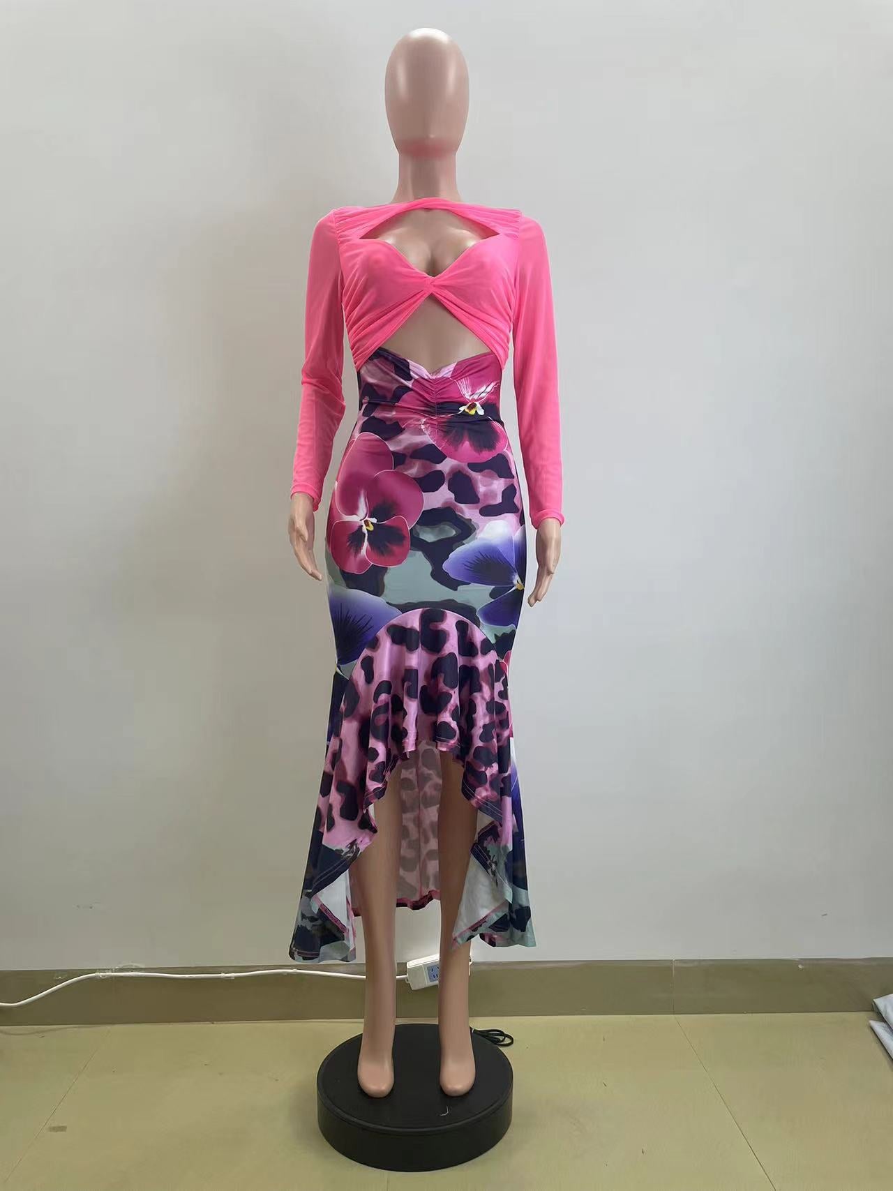 Summer Women mesh fishtail ruffle print dress 4