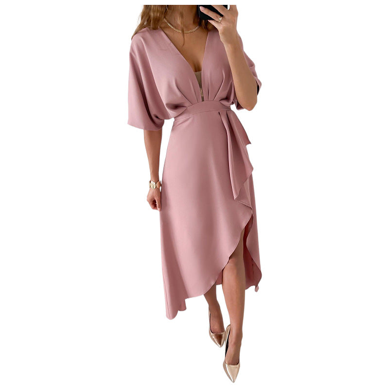 Casual V-Neck Solid Color Irregular Dress For Women 7