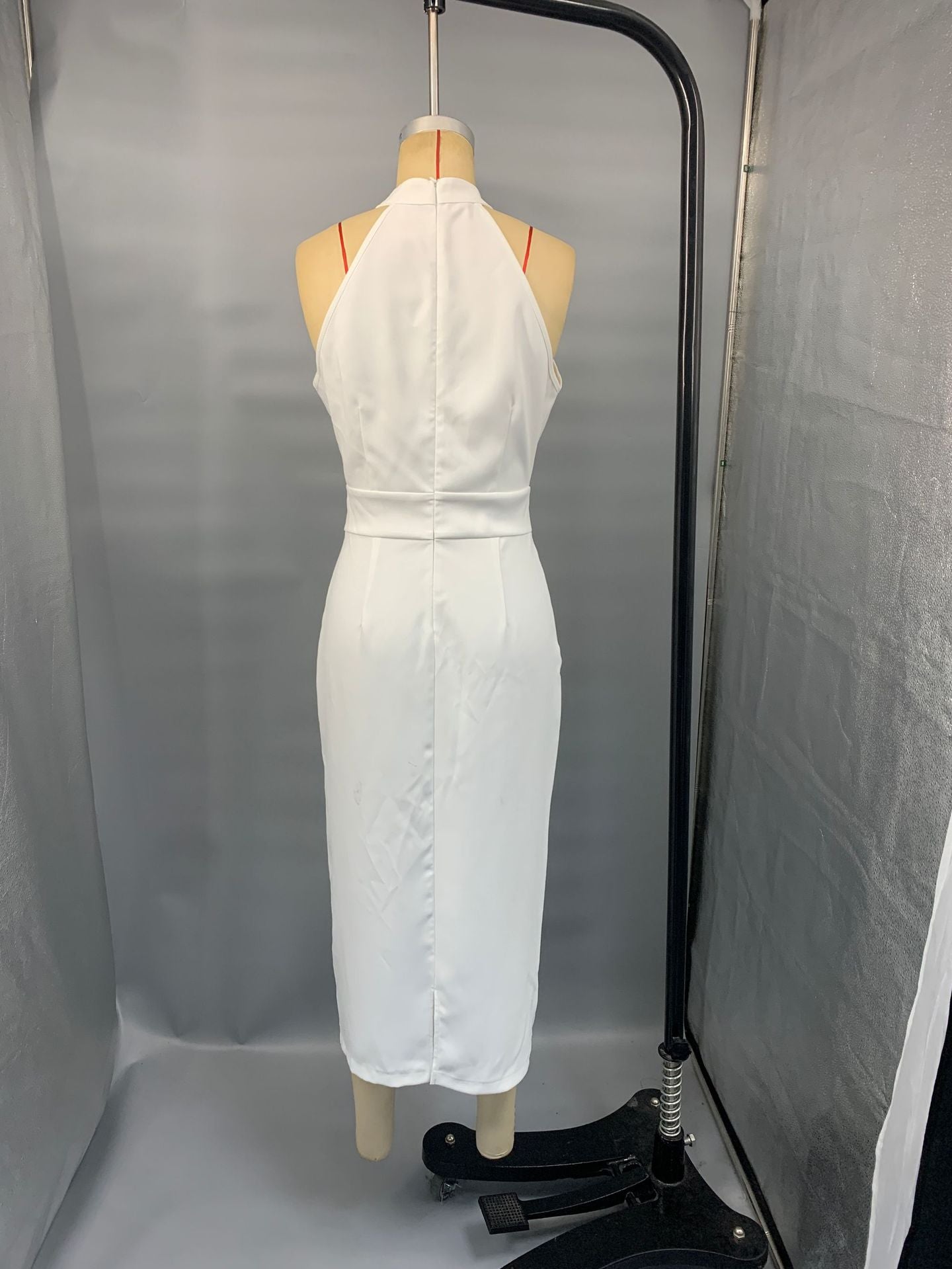 Women Summer Solid Halter Neck Sleeveless Off-Shoulder Pleated Dress 6