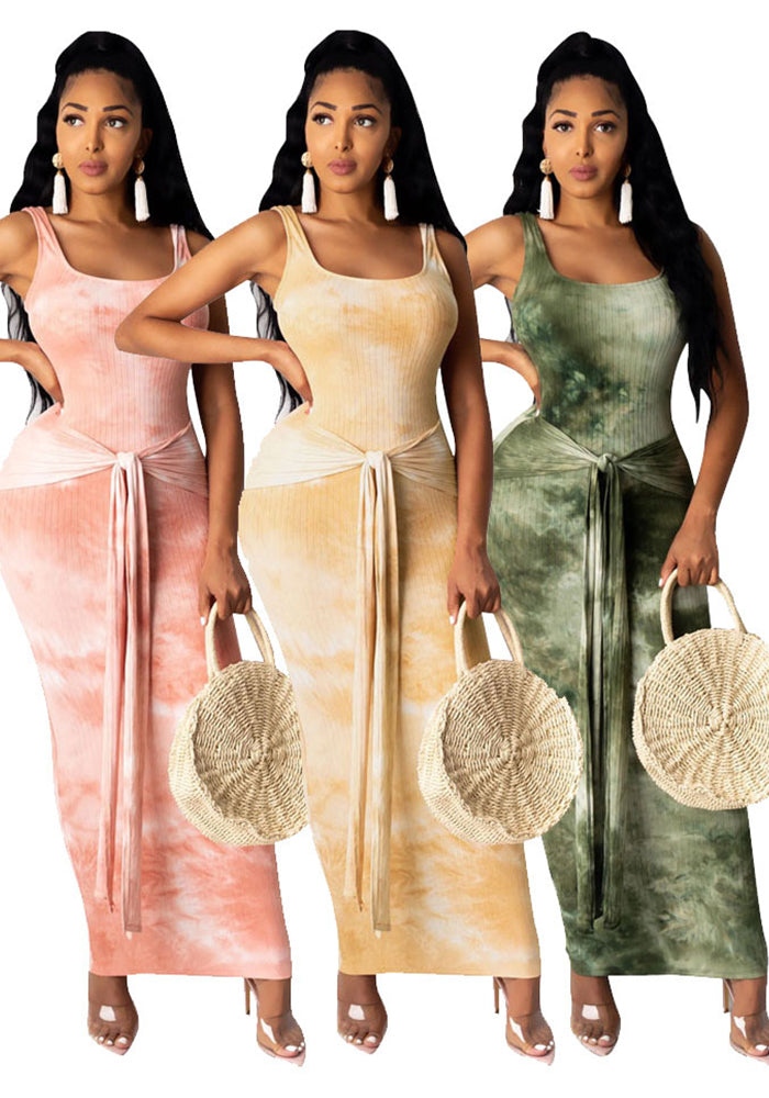 Women Ribbed Tie Dye Printed U Neck Lace-Up Dress