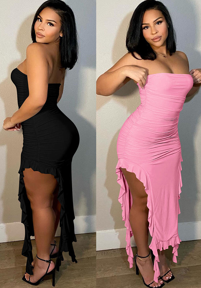 Women's Sexy Strapless Ruffled Slit Dress 5