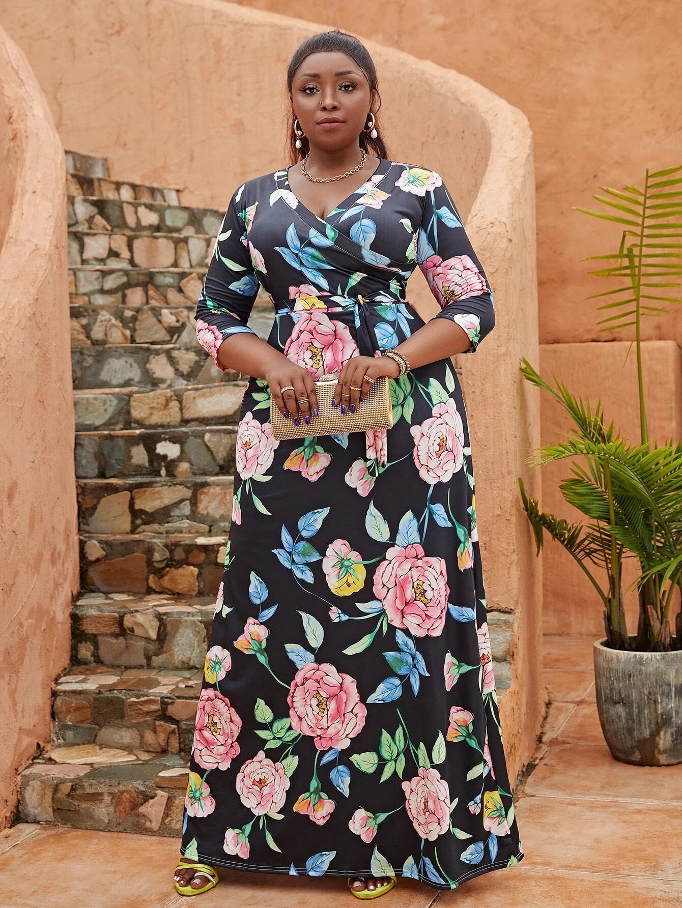 Plus Size Women's V-Neck Three-quarter Sleeve Bohemian Beach Long Dress 12