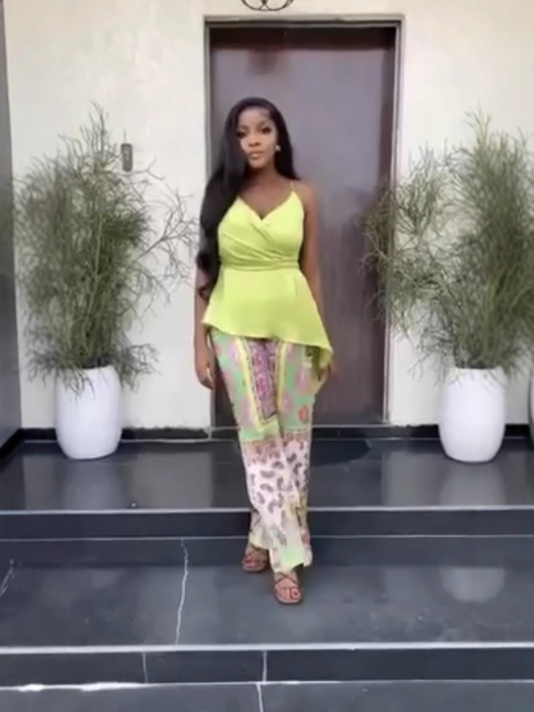 Women Suspender Irregular Top Printed Pants Two-piece Set