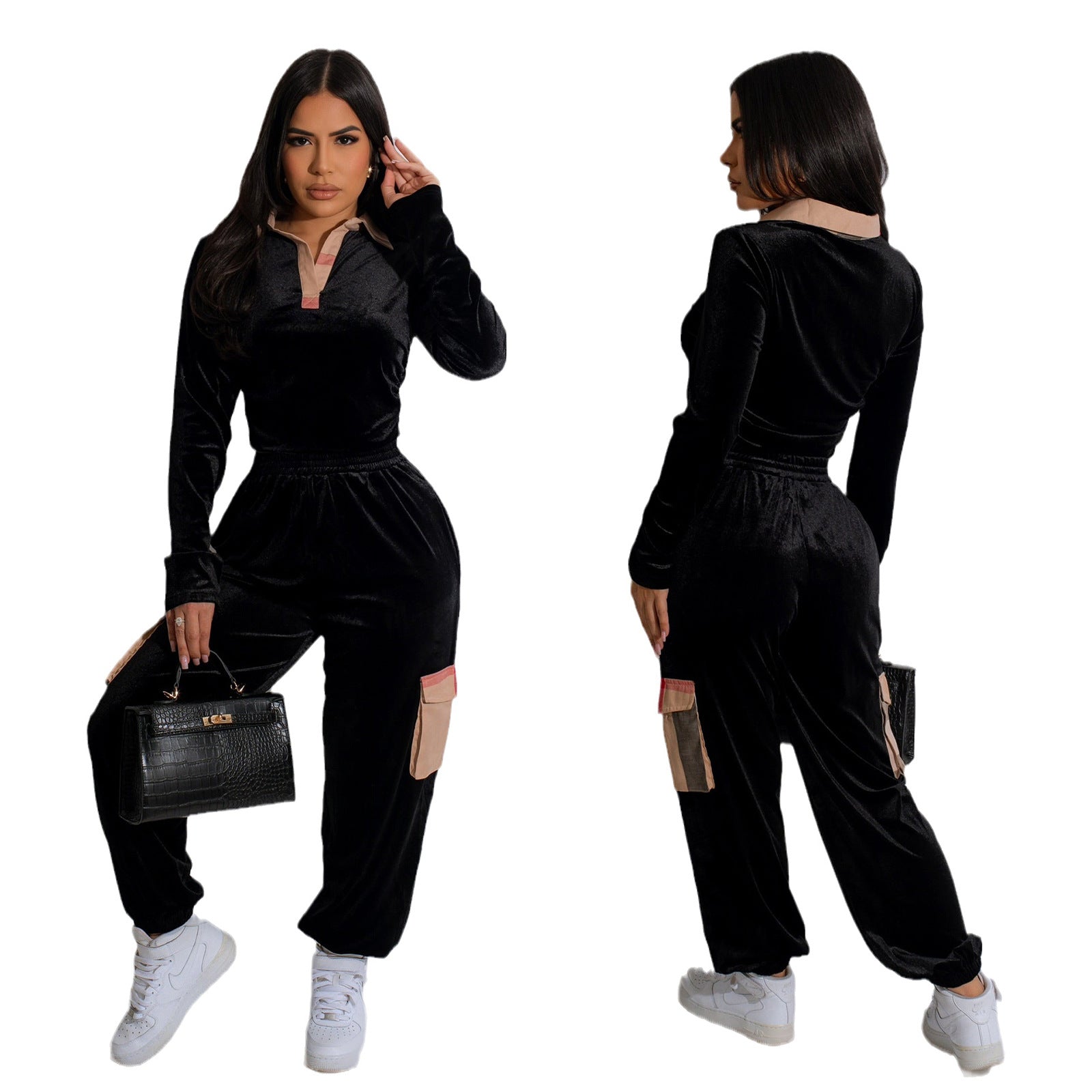 Autumn And Winter Women's Clothing Printed Plaid Patchwork Velvet Long-Sleeved Two-Piece Trousers Set 6