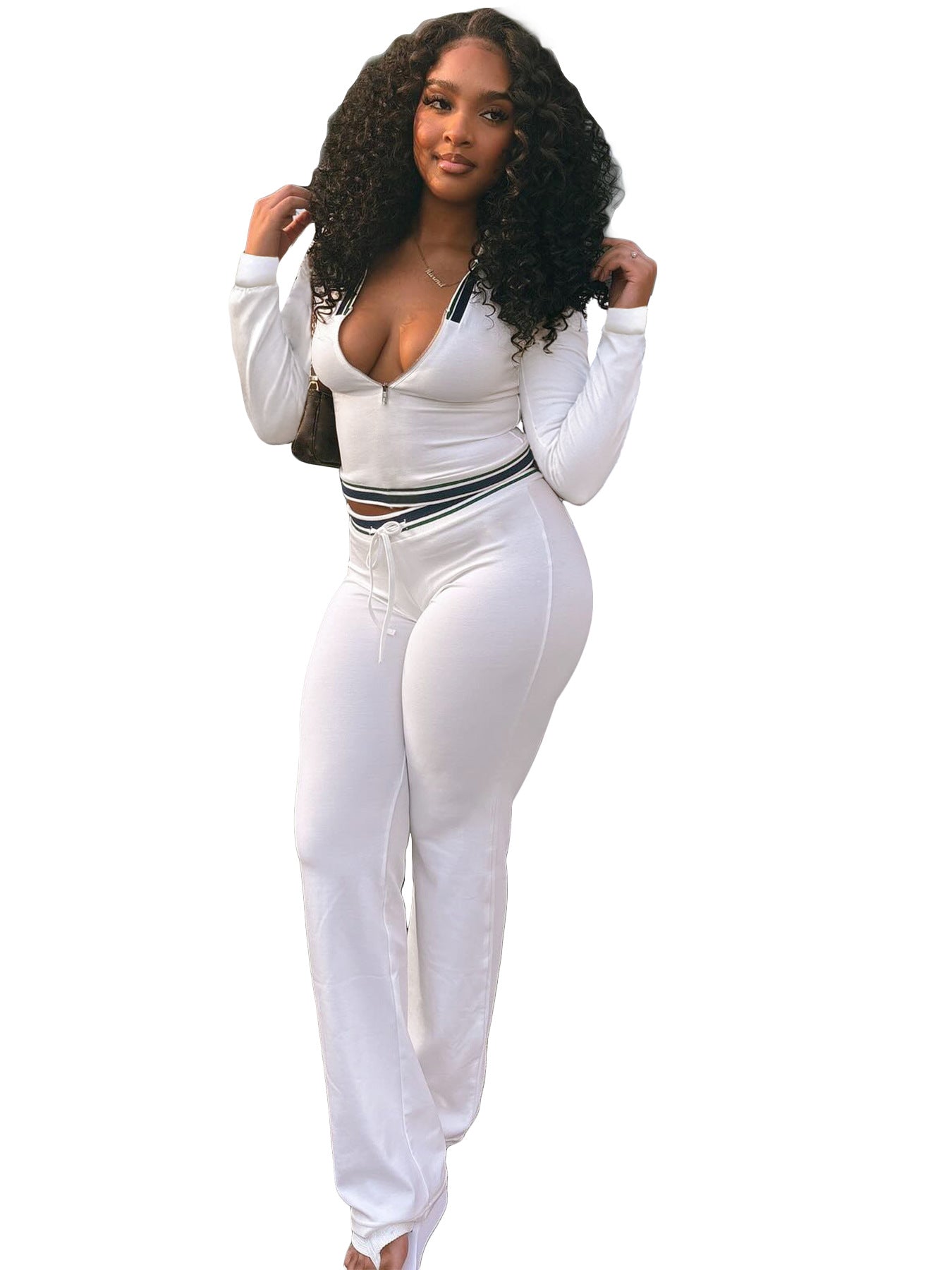 Women Turndown Collar Half-Zip Top and Drawstring Wide-Leg Pants Casual Athletic Two-Piece Set 30