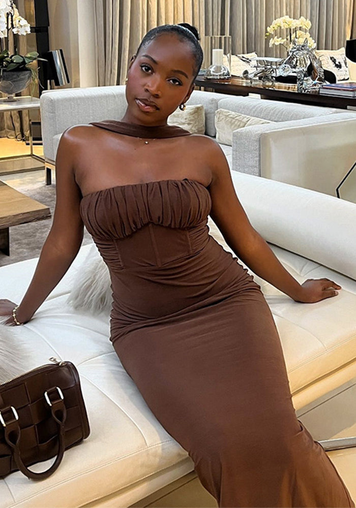 Women Solid Strapless Halter Neck Off-Shoulder Sleeveless Dress