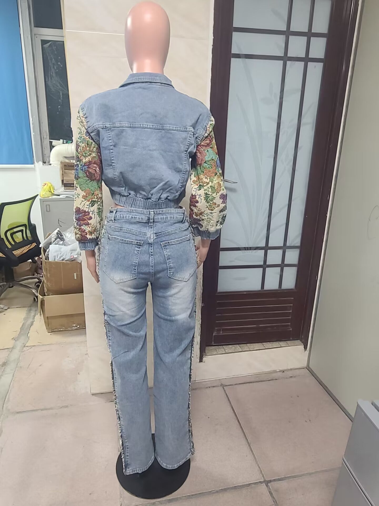 Women Fall Retro Patchwork Camouflage Print Top and Denim Pants Two Piece Set 10