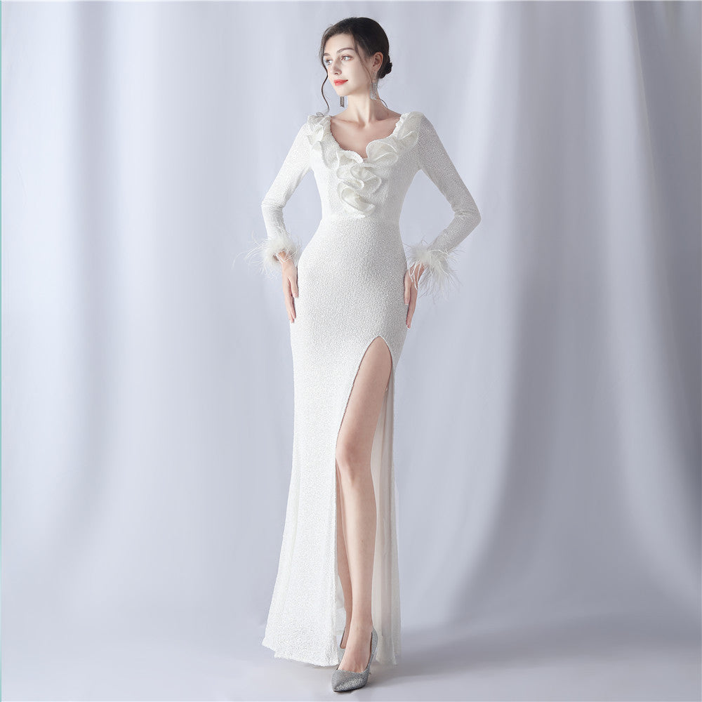 Feathers Sequins Long Sleeve Evening Dress 8