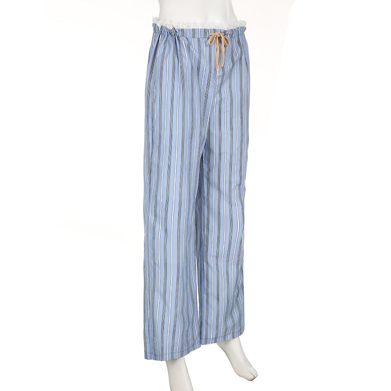 Women Summer Multi-Color Striped Lace Up Loose Wide Leg Pants 8
