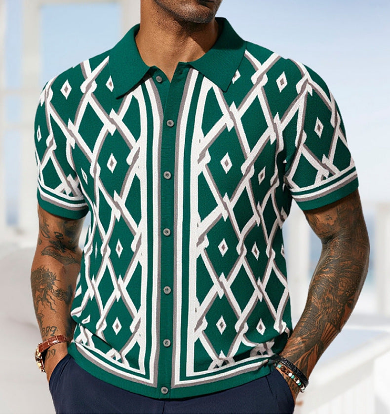 Men's Clothing Summer Jacquard Knitting Short Sleeve Polo Shirt 4