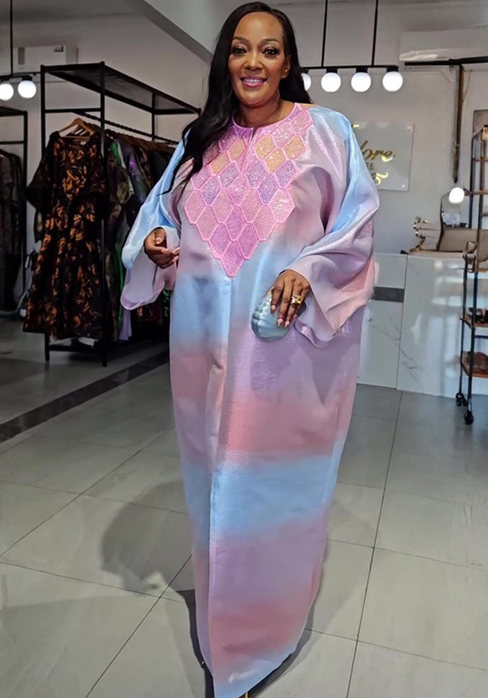 Plus-Size African Women Round Neck Embroidered Beaded Dress