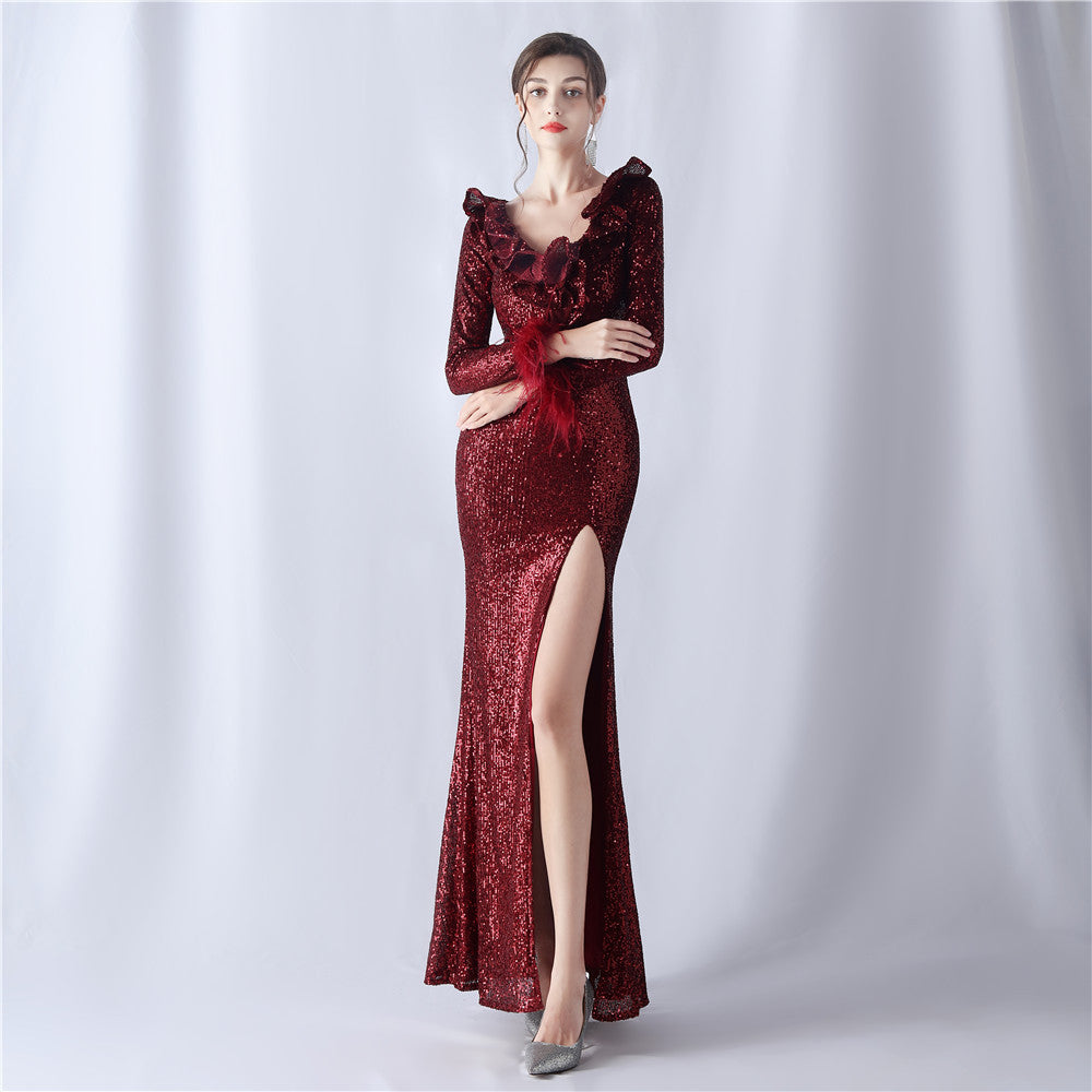 Feathers Sequins Long Sleeve Evening Dress 11