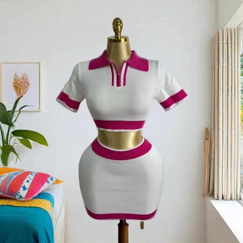 Fashion Short Sleeve Set Women Loose Spring Turndown Collar Half Sleeve Knitting Top Short Skirt Set 3