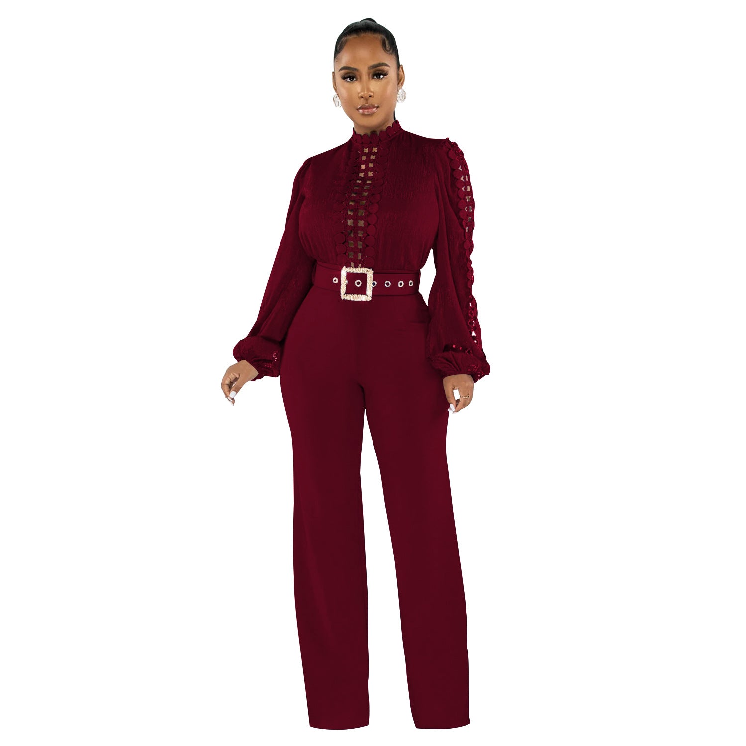 Women Belt Lace Cutout Solid Long Sleeve Jumpsuit 14