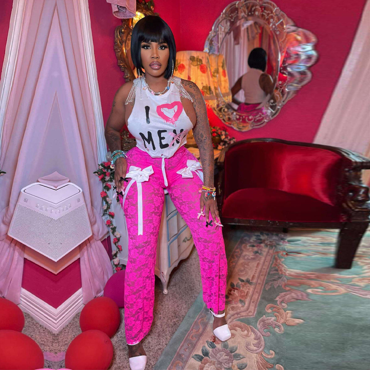 Women Sexy Lace See-Through Bow Sleeveless Top and Pants Two-piece Set 3