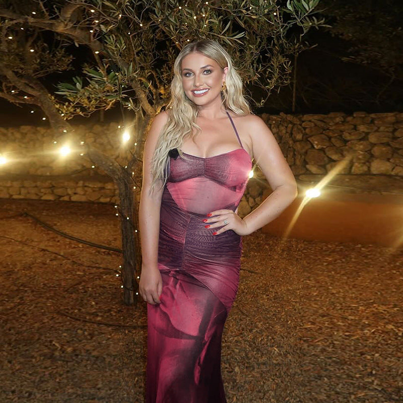 Women Spring Mesh Print See-Through Gathered Lace-Up Backless Bodycon Dress 5