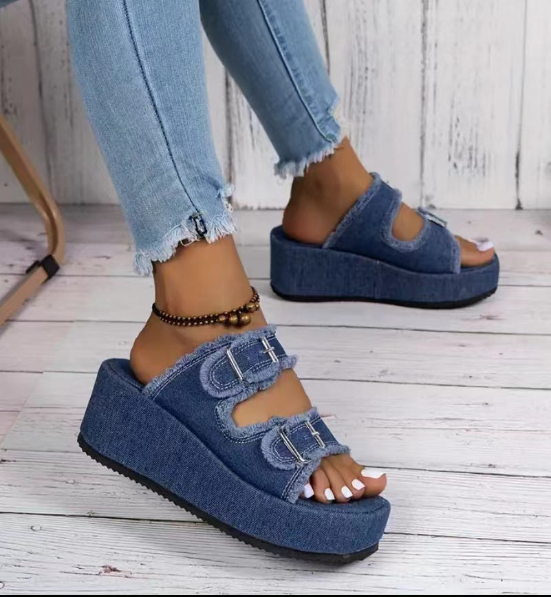 Plus Size Denim Belt Buckle One-Step Sandals Women's Summer Outdoor Wear Thick-Soled Slippers 6