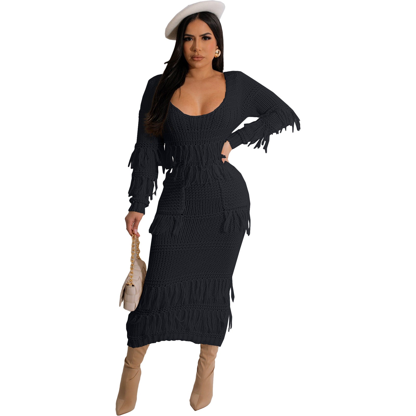 Women sexy knitting Crochet fringed dress (with pockets) 9