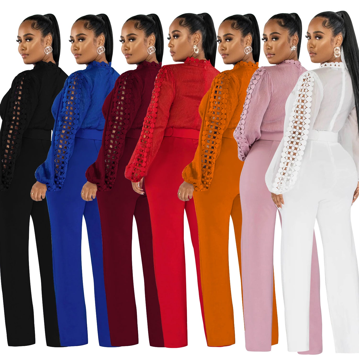 Women Belt Lace Cutout Solid Long Sleeve Jumpsuit 11