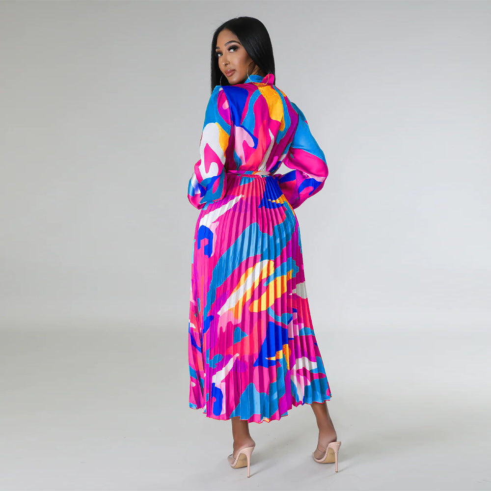 Women's Tie Long Sleeve Printed Pleated Dress 29