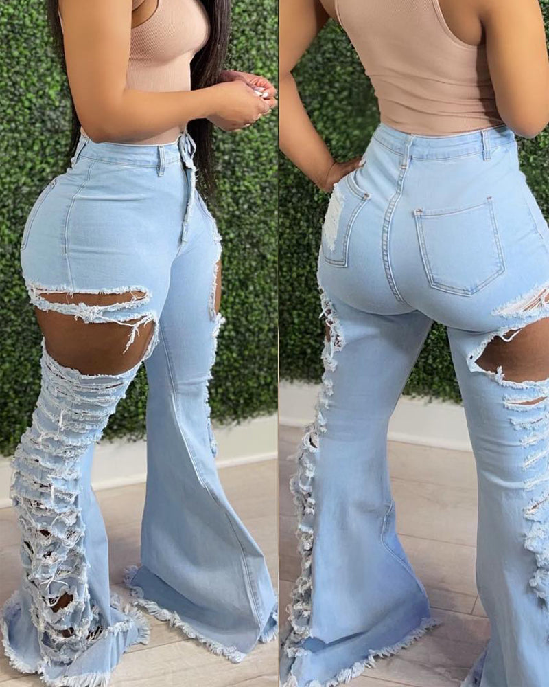 Women Ripped Bell Bottom Denim Pants