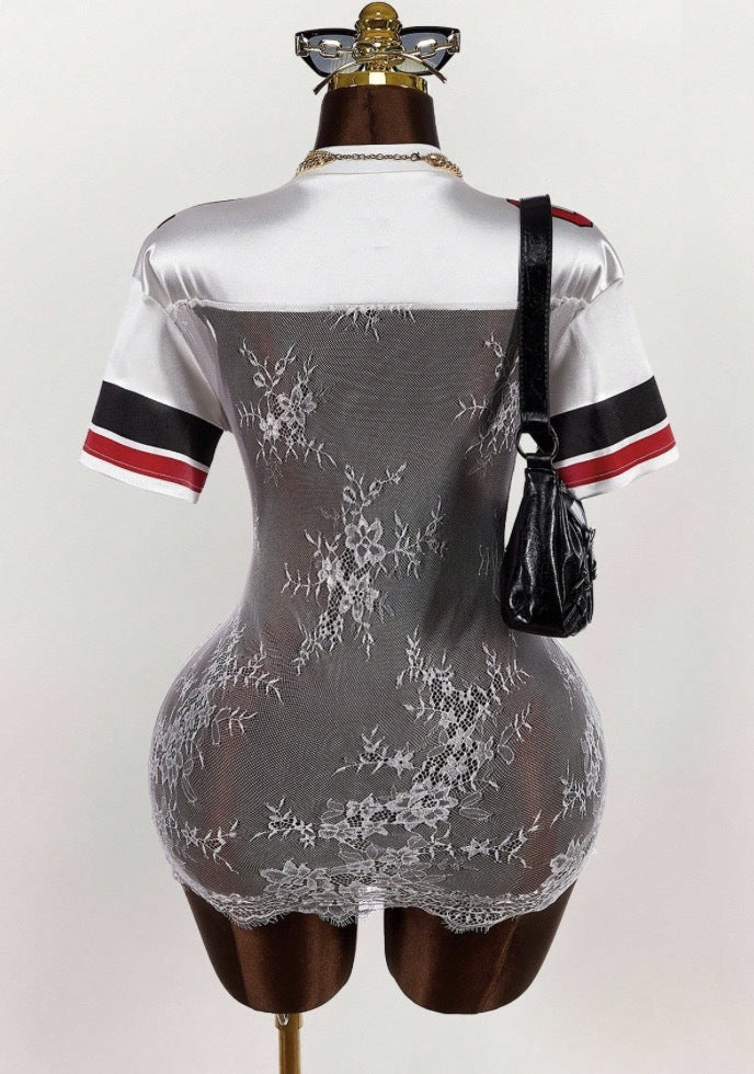 Women Sexy Lace See-Through Embroidered Letter Short-Sleeved V-Neck Dress 5