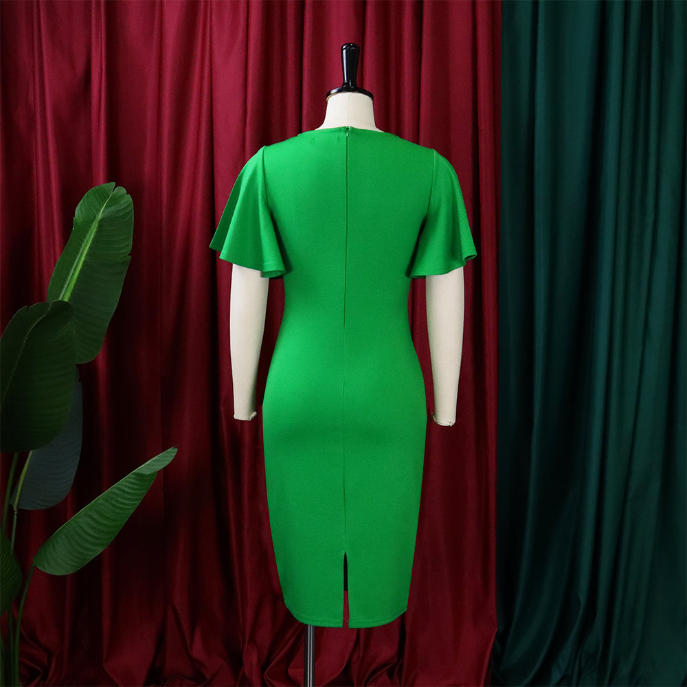 Autumn Professional Green Ruffle Sleeves Pencil Office Dress 6