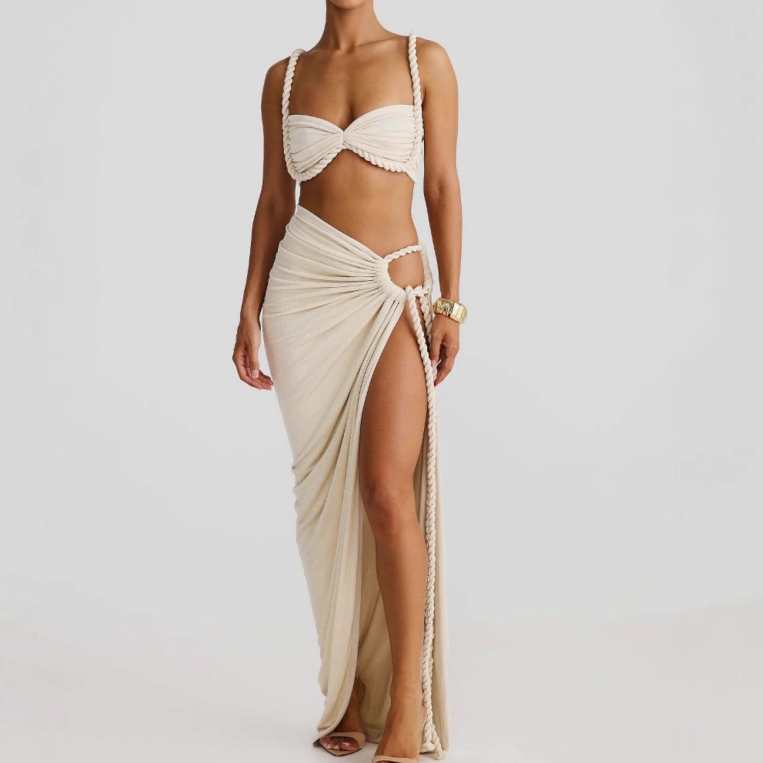 Summer Sexy Fashion Beach Braided Strap Top Slit Skirt Set 3