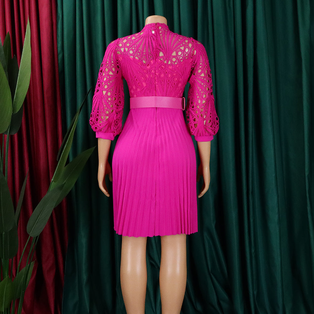 Women'S Chic Solid Color Lace Crochet Cutout Pleated Dress 18