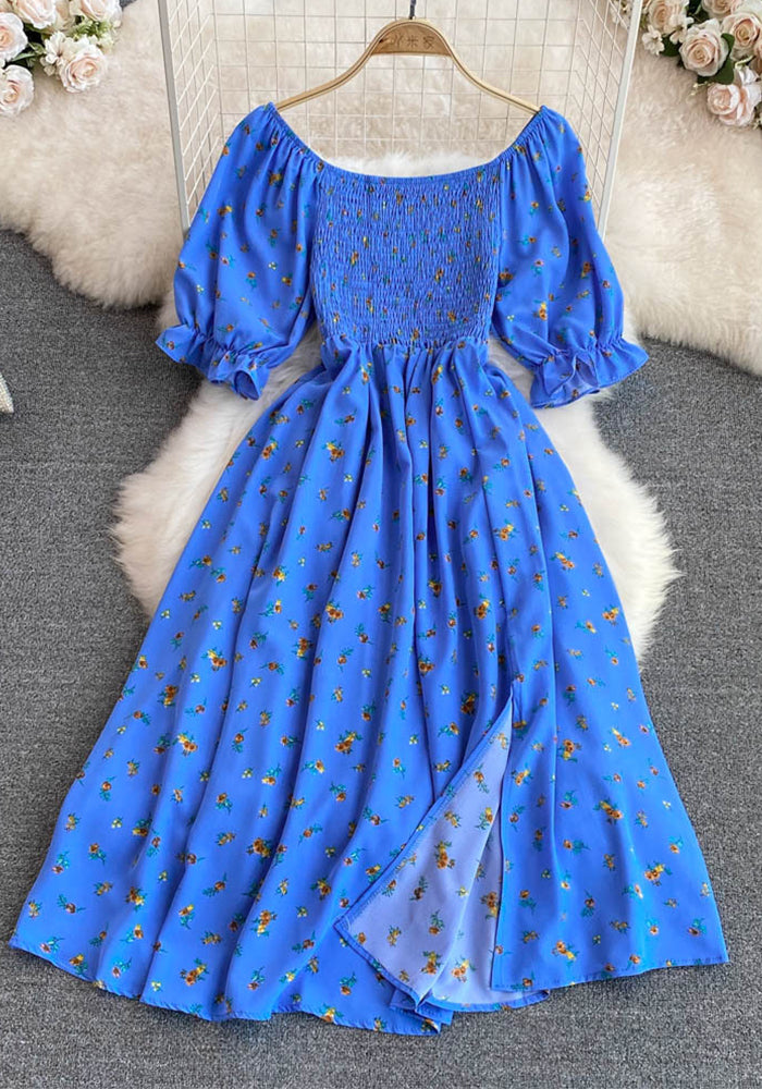 Women Summer French Square Neck Bubble Short Sleeve Slit Dress