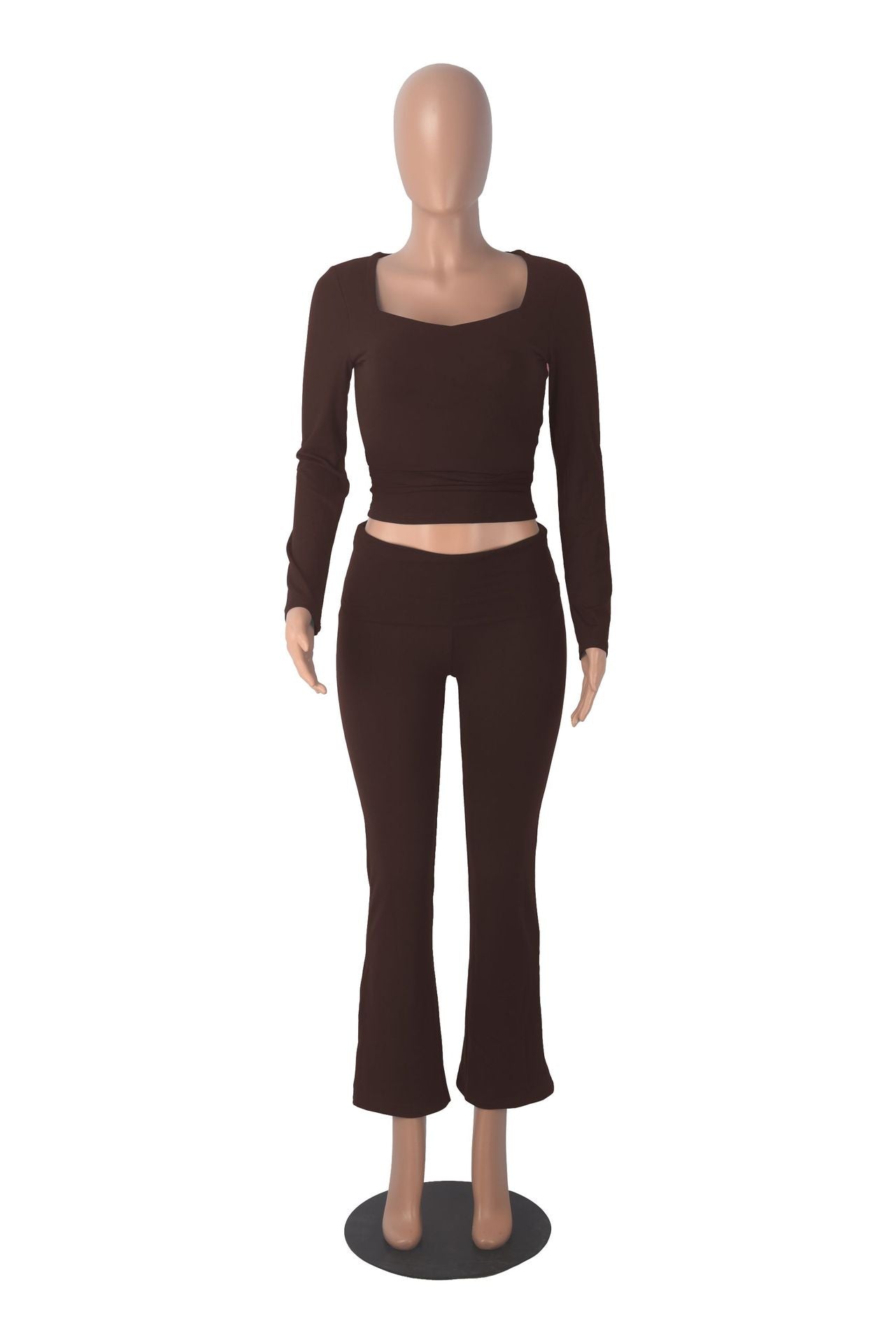 Women solid long sleeve top and bell bottom Pants two-piece suit 11