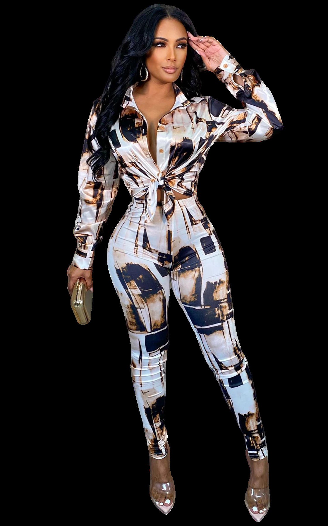 Glossy Irregular Printed Women's Shirt Pencil Pants Two Piece Set