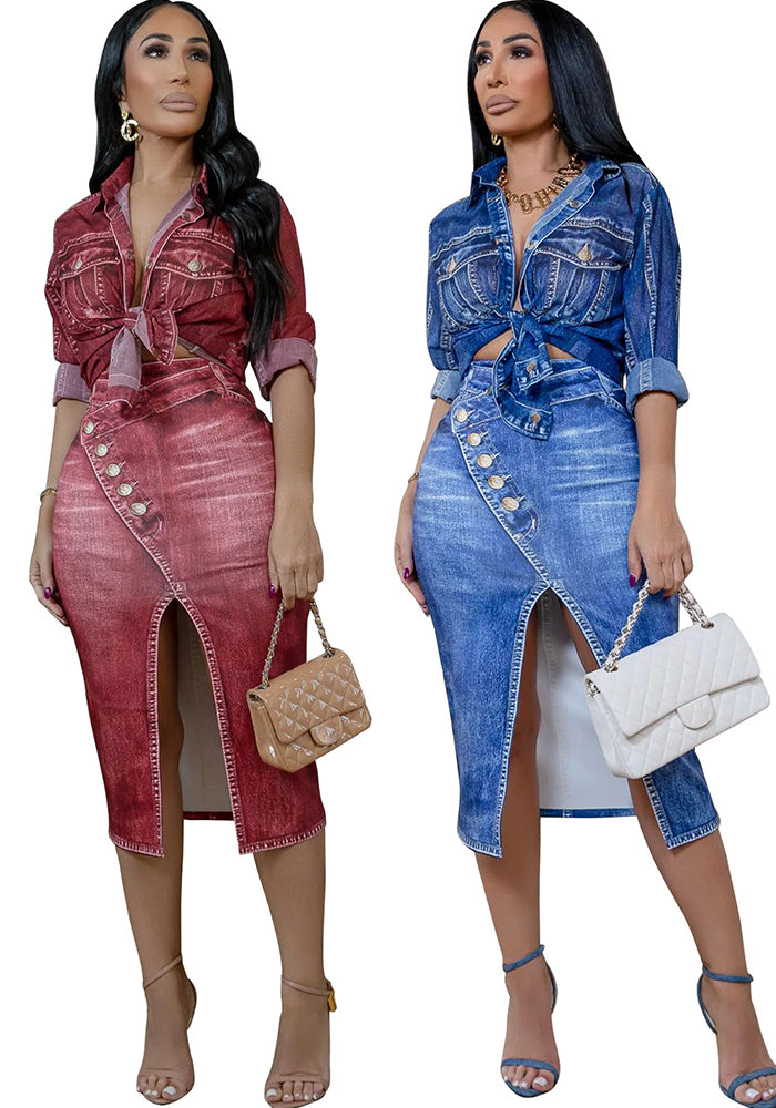 Women printed long sleeve top and skirt two-piece set