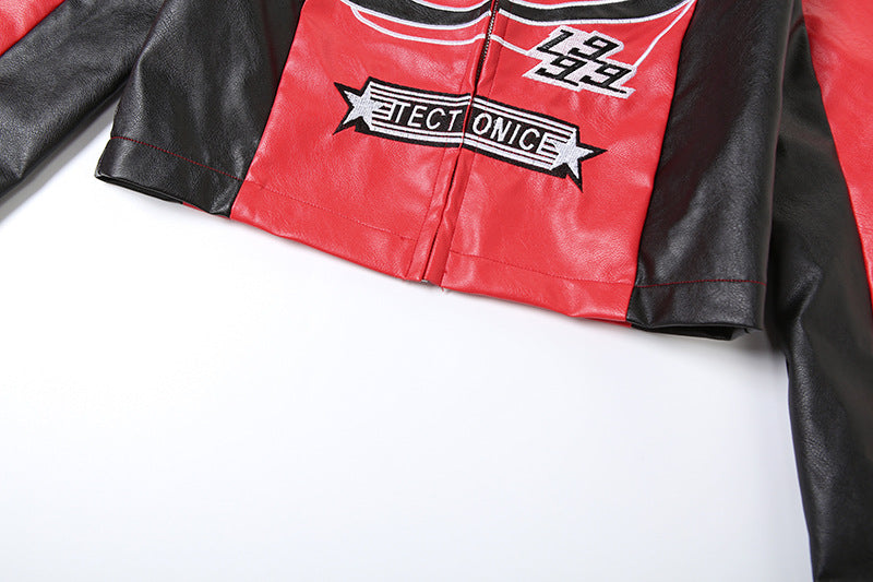 Autumn Winter Sexy Zipper Top Contrast Embroidery Short Fashion Jacket 12