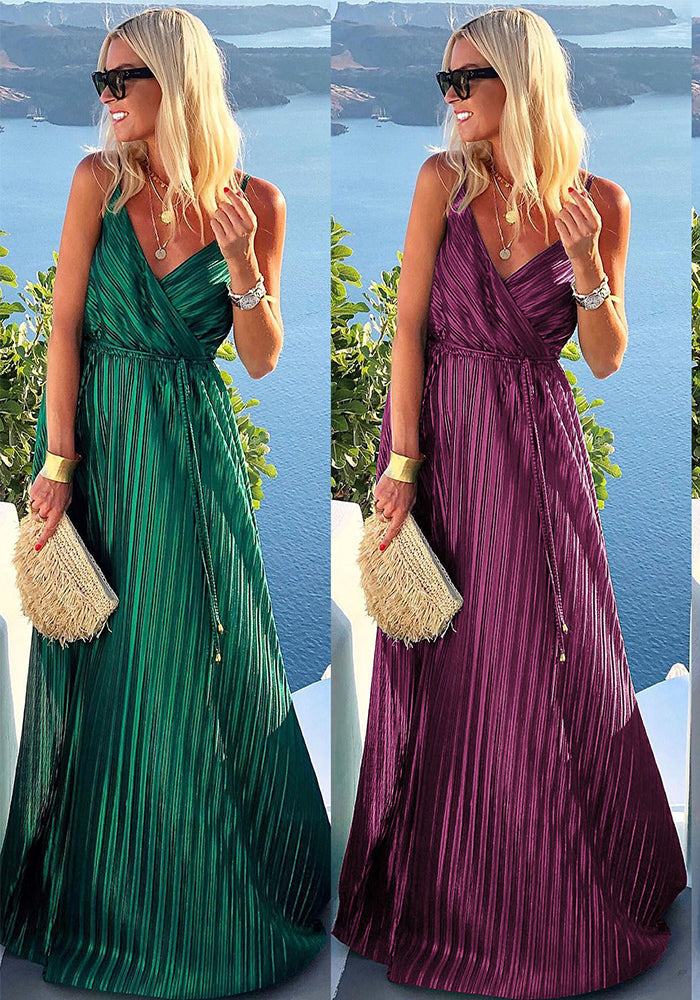 Spring Summer Sexy Strap Maxi Dress Belted Loose Swing Dress