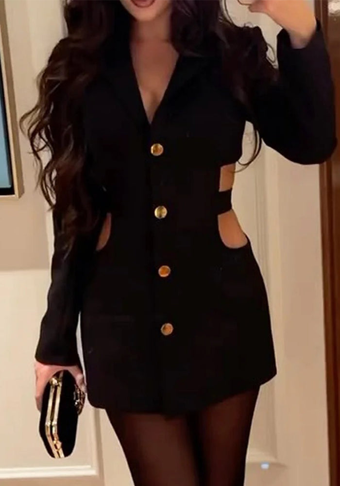 Women casual turndown collar long-sleeved hollow solid mini dress