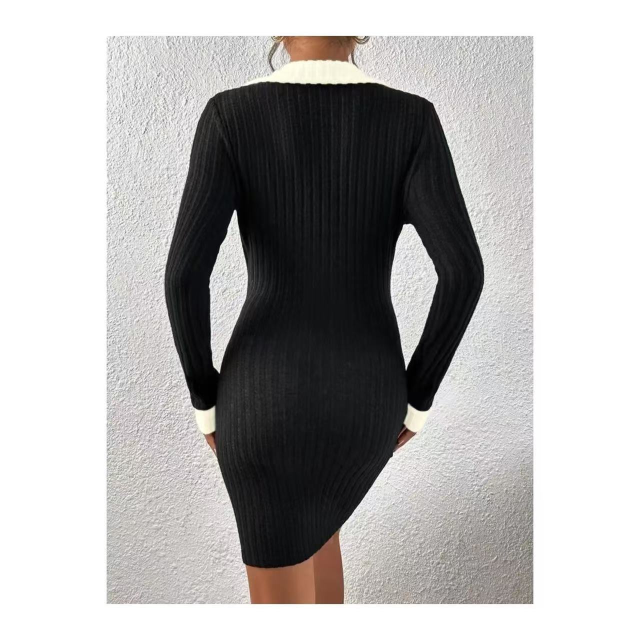 Autumn Casual Chic V-Neck Color Block Slim Fit Stretchy Knit Bodycon Dress 8