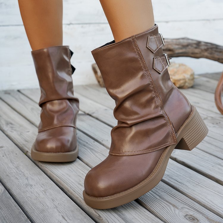 Stylish Brown Mid-Calf Boots with Chunky Sole Fashion Shorts for Women 4