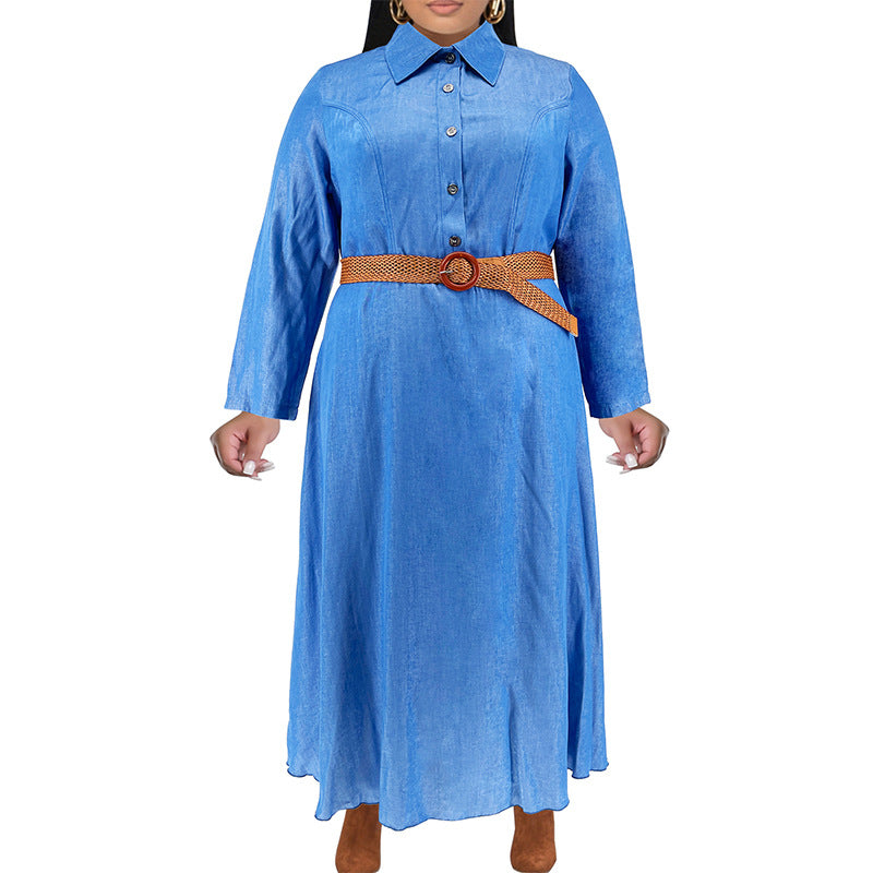 Plus Size Women's Winter Denim Turndown Collared Button Up Long Sleeve Casual Shirt Dress 9