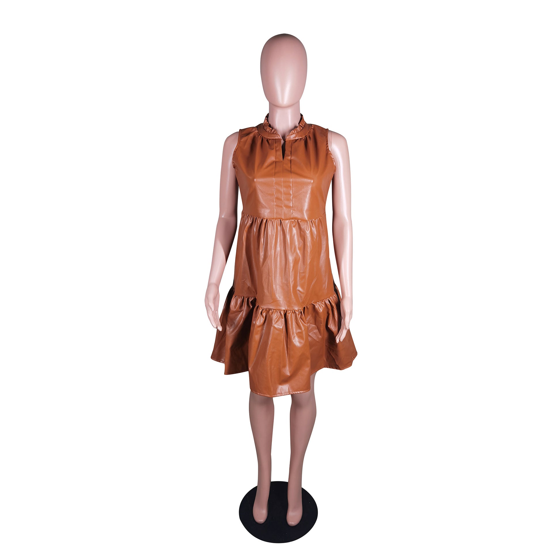 Spring Summer Women's Fashion Casual Pu Leather Patchwork Sleeveless Dress 7