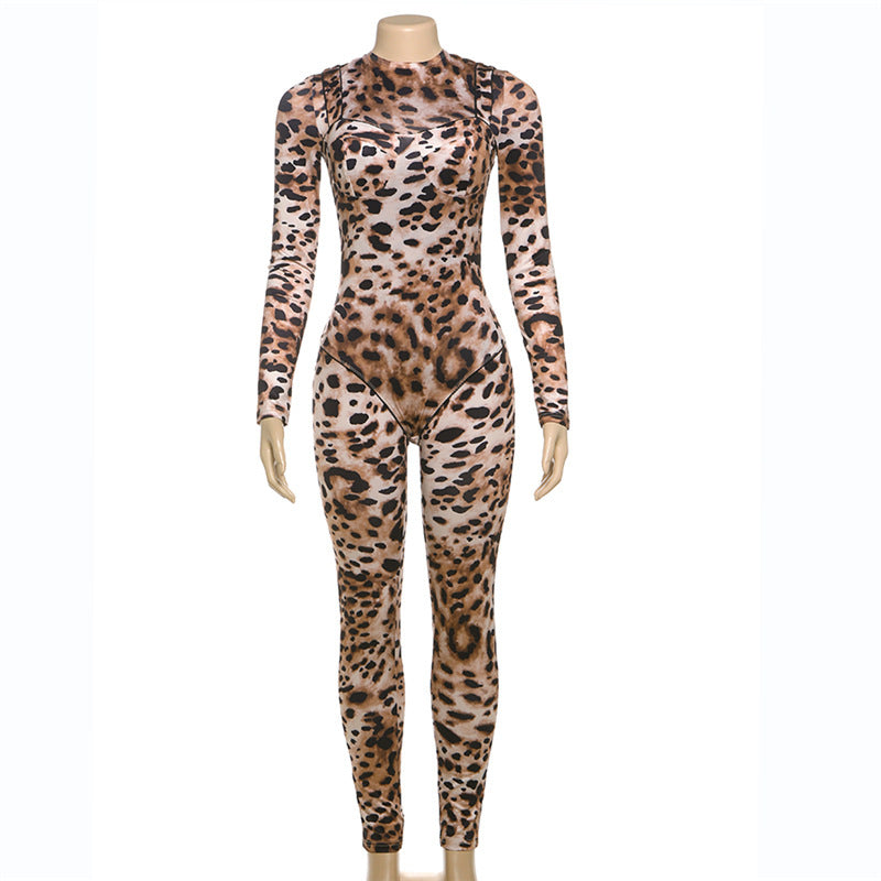 Women Sexy Contrast Leopard Round Neck Long Sleeve Jumpsuit 14